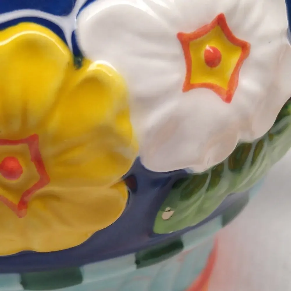 Department 56 Primrose Sugar Creamer Set Floral 3D Blue Yellow 1990s Vintage